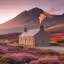 The image is well-composed with the cottage as the primary subject and the mountain in the background. The lighting is excellent, capturing a warm, golden hour glow. The image is sharp, with good detail in the cottage, flowers, and mountain. The colors are accurate and vibrant, enhancing the overall appeal. The image is photo-realistic and the key elements, such as the cottage and the surrounding landscape, are in focus. There are no unwanted elements present. The smoke coming from the chimney adds a nice touch.