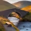 The image is well-composed, featuring a stone bridge over a river in a scenic landscape. The lighting is good, with warm tones suggesting either sunrise or sunset. The image is sharp, and the colors appear accurate. It has a photo-realistic quality. The key elements, such as the bridge and the river, are in focus. The bench adds an element of human scale and interest. The long exposure used for the water creates a nice blurring effect. Overall, a well-executed landscape photograph. Deductions are made for minor composition issues, but it is a very strong image overall. Well-composed (23/25), Well-lit (14/15), Sharp (18/20), Color-accurate (9/10), Photo-realistic (17/20), Key elements in focus (7/10).