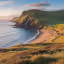 The image is well-composed, showcasing a beautiful coastline with mountains, a beach, and the ocean. The lighting is excellent, with warm tones suggesting sunrise or sunset. The image is sharp and detailed, and the colors are accurate and vibrant. It appears photo-realistic. The key elements, such as the coastline and the houses, are in focus. Based on the criteria, the image scores high in all aspects. Well-composed (25/25), Well-lit (15/15), Sharp (20/20), Color-accurate (10/10), Photo-realistic (20/20), Key elements in focus (10/10).