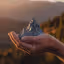 The image shows a hand holding a miniature mountain against a blurred landscape background. The composition is well-balanced, with the mountain and hand as the primary focus. The lighting is warm and natural, highlighting the textures of the mountain and the hand. The image is sharp, and the miniature mountain is clearly in focus. The colors appear accurate and realistic. The image has a photo-realistic quality, making the miniature mountain appear tangible. Strengths: Well-composed, well-lit, sharp, and color-accurate. The key elements (mountain and hand) are in focus. Weaknesses: None apparent.