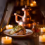 The image is well-composed with the food, drink, and candles arranged in an appealing manner. The lighting is warm and inviting, creating a cozy atmosphere. The image is sharp, and the key elements, such as the food and drink, are in focus. The colors appear accurate, and the image is photo-realistic. The drink is full, and the food is untouched. No unwanted elements are present. The image is a professionally taken close-up of food and drink.